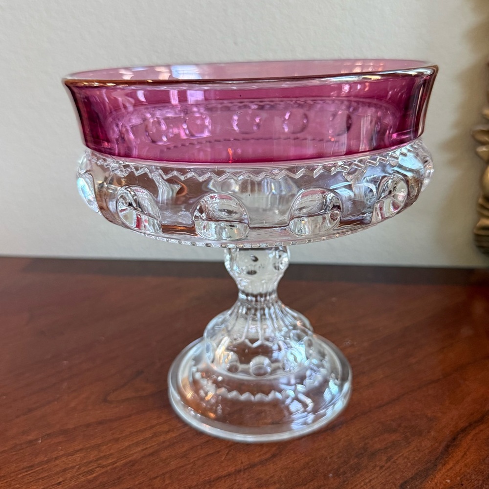 Vintage Indiana glass Kings Crown thumb print ruby and Clear Glass Compote